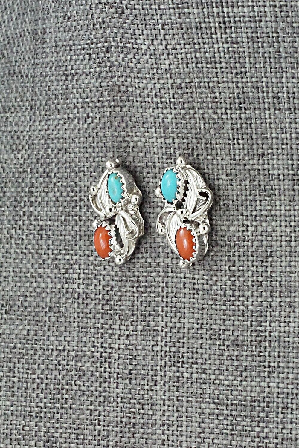 Turquoise, Coral & Sterling Silver Earrings - Robert Martinez