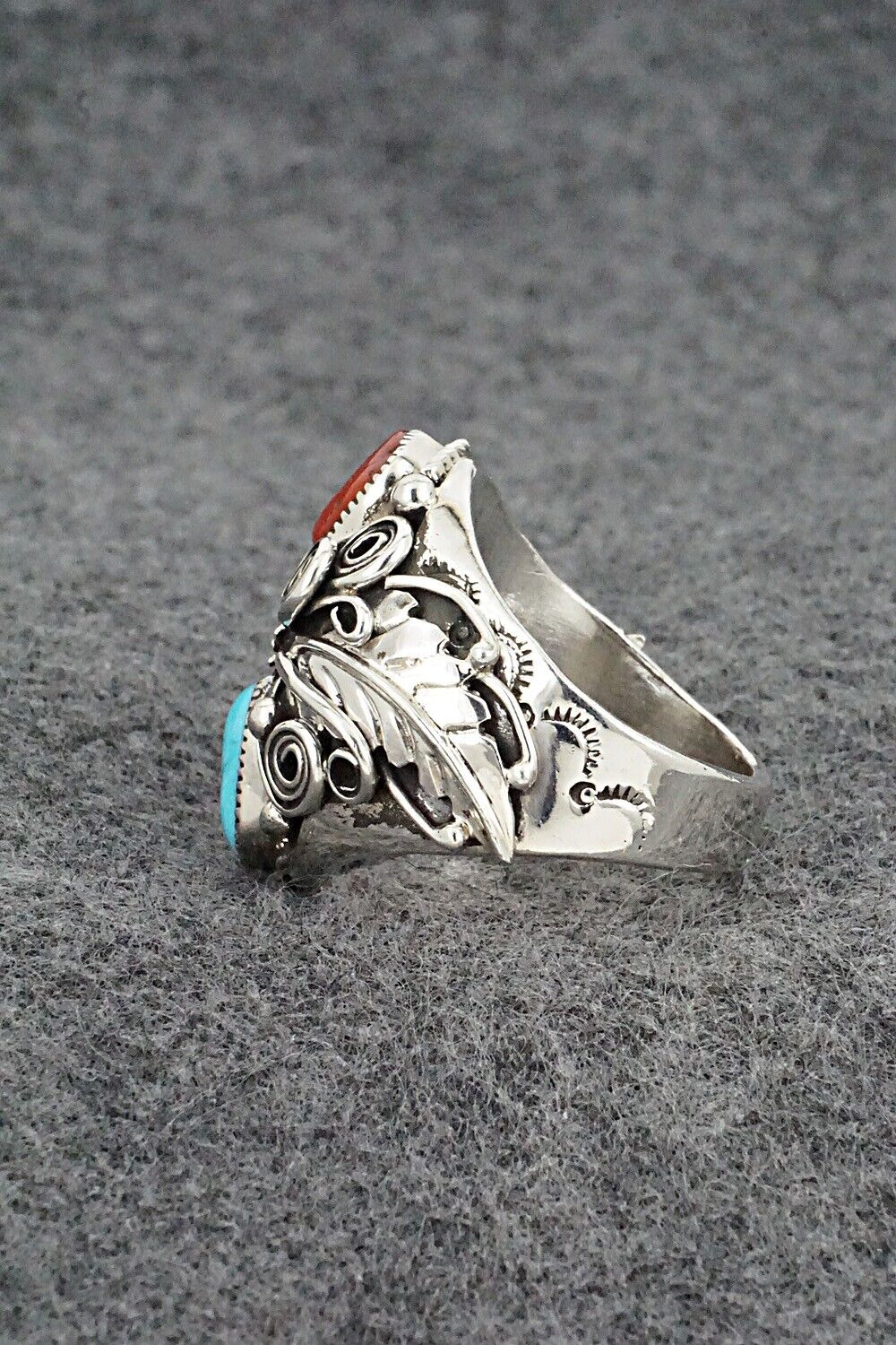 Turquoise, Coral & Sterling Silver Ring - Sarah Yazzie - Size 10.5