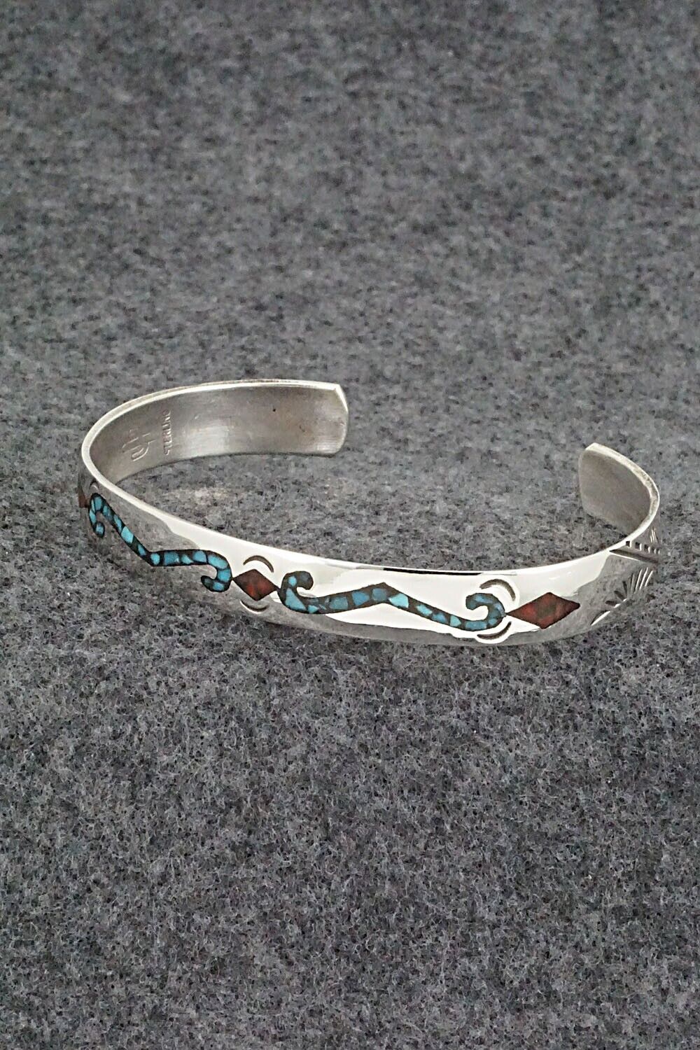 Turquoise, Coral Chip Inlay & Sterling Silver Bracelet - Joleen Yazzie