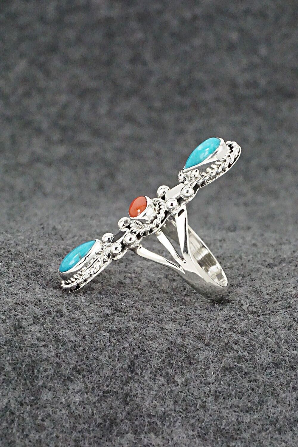 Turquoise, Coral & Sterling Silver Ring - Andrew Vandever - Size 6