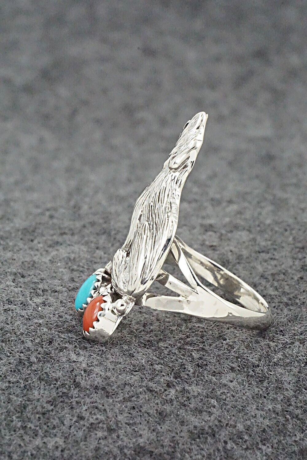 Turquoise, Coral & Sterling Silver Ring - Jerryson Henio - Size 8.75