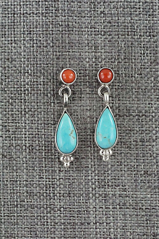 Turquoise, Coral and Sterling Silver Earrings - Gary Shorty