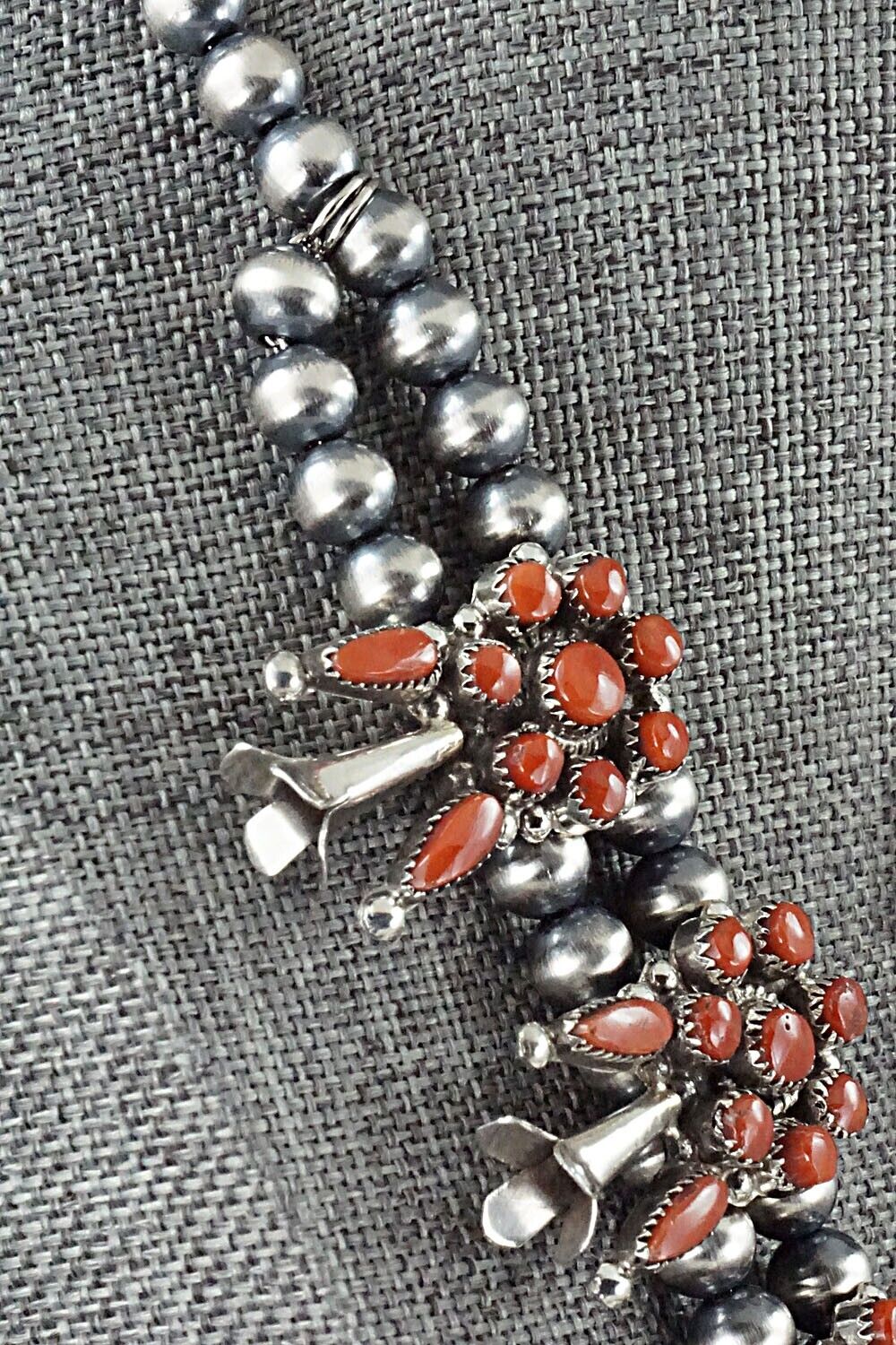 Coral & Sterling Silver Squash Blossom and Earrings Set - Viola Bobelu