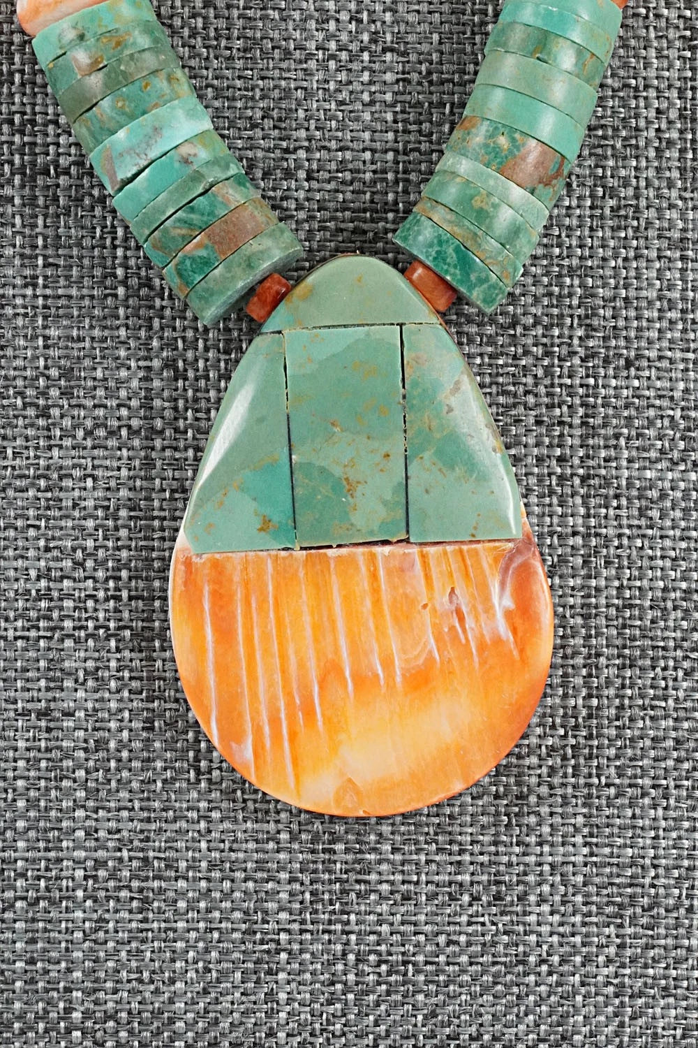 Turquoise, Spiny Oyster and Sterling Silver Necklace - Lupe Lovato