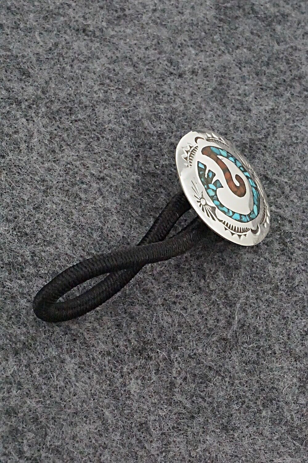 Turquoise, Coral & Sterling Silver Hair Tie - Joleen Yazzie