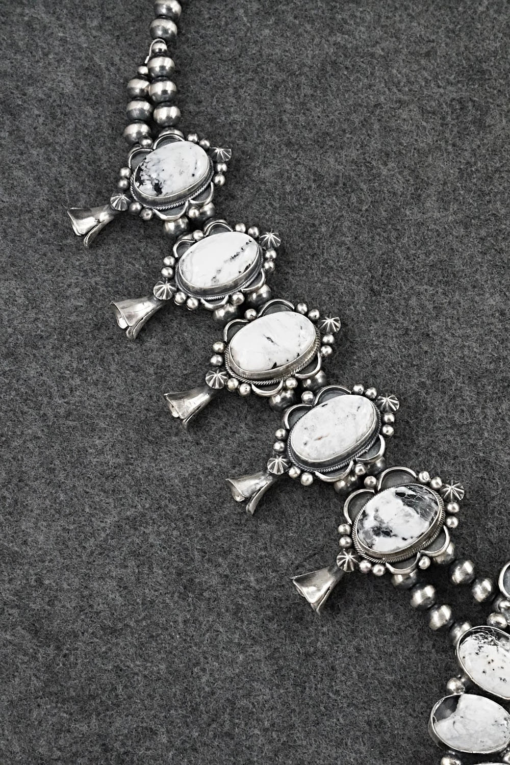 White Buffalo & Sterling Silver Squash Blossom Set - Paul Livingston