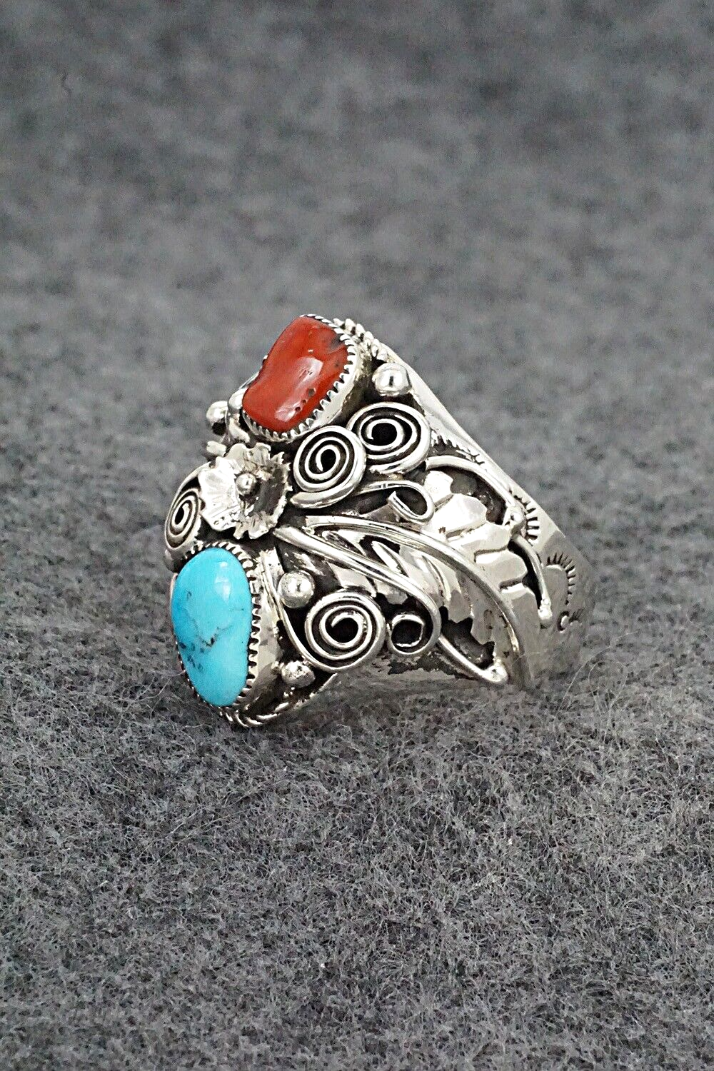 Turquoise, Coral & Sterling Silver Ring - Sarah Yazzie - Size 10.5