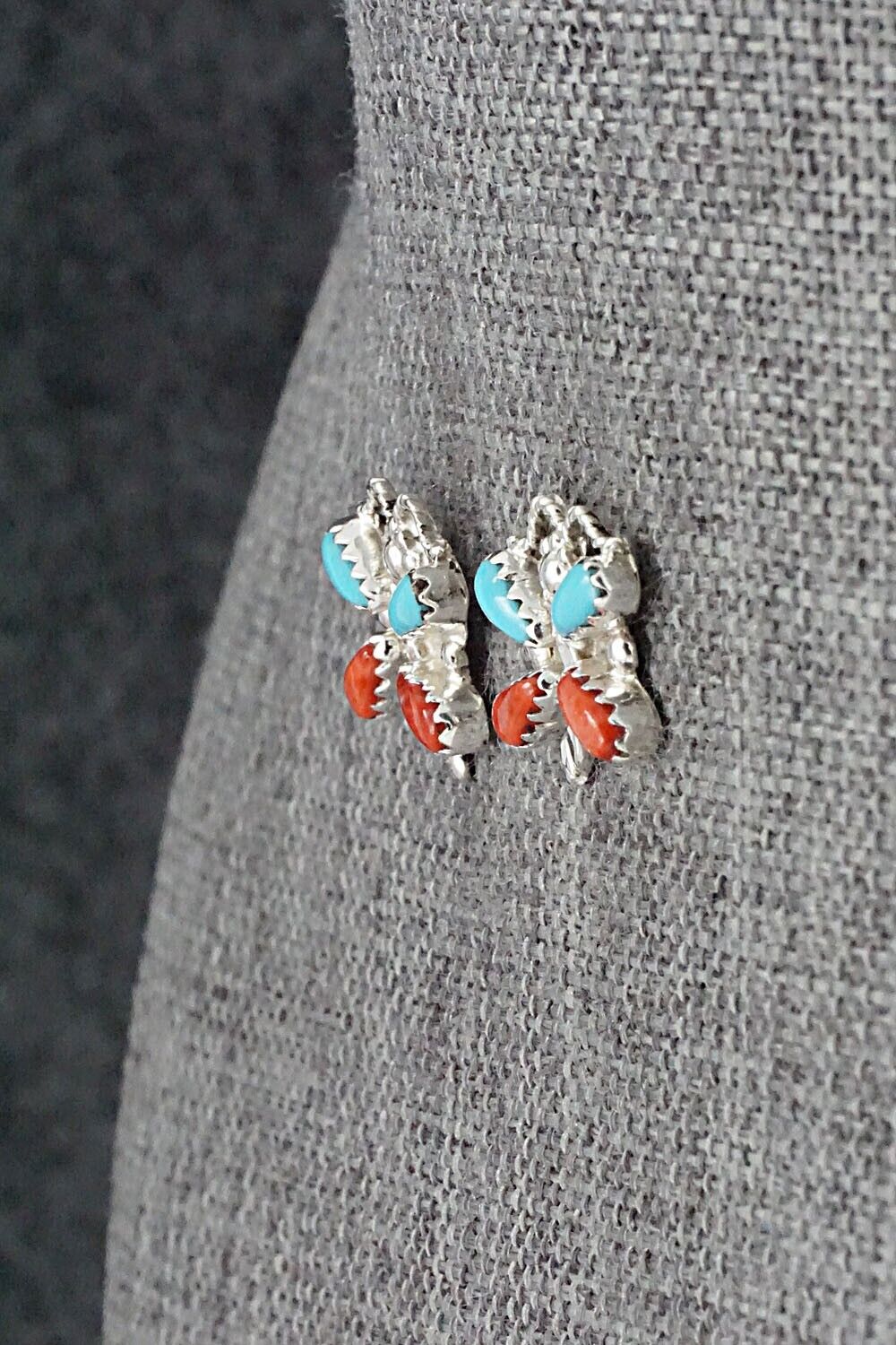 Turquoise, Coral & Sterling Silver Earrings - Erva Quam