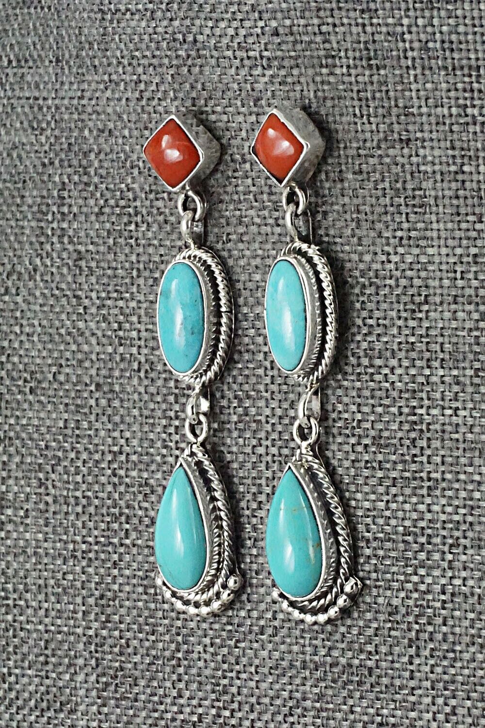 Turquoise, Coral & Sterling Silver Earrings - Verley Betone