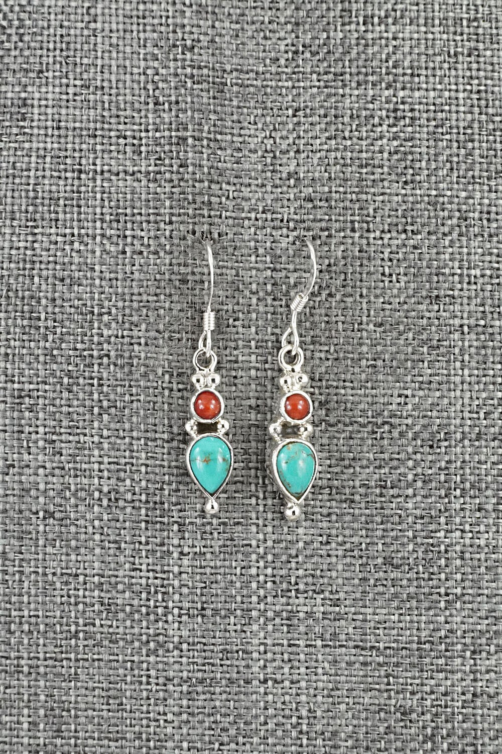 Turquoise, Coral & Sterling Silver Earrings - Gary Shorty