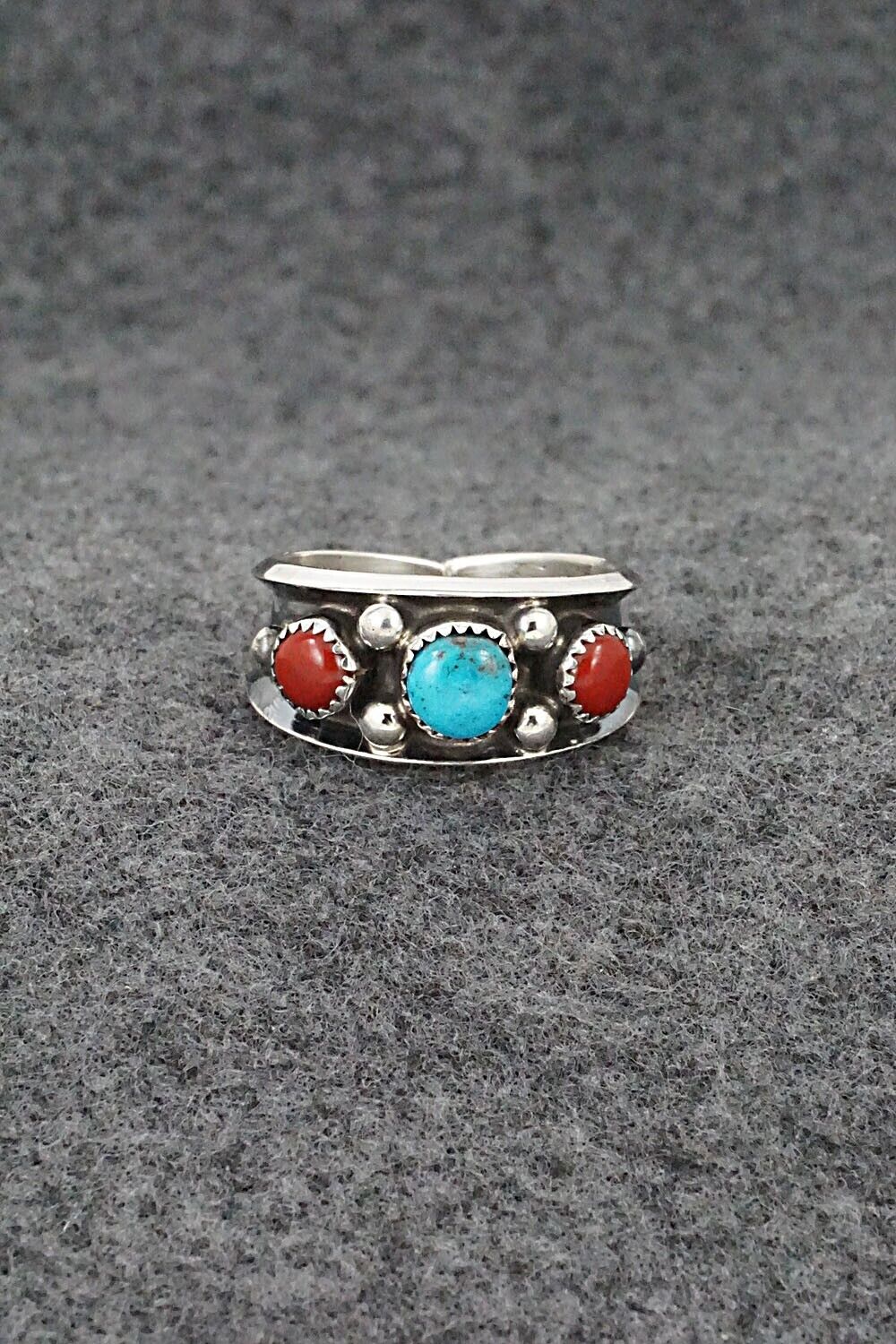 Turquoise, Coral & Sterling Silver Ring - Paul Largo - Size 10