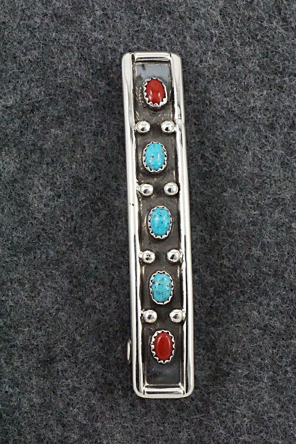 Turquoise, Coral & Sterling Silver Hair Barrette - Paul Largo
