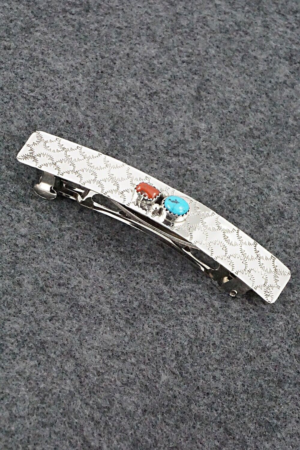 Turquoise, Coral & Sterling Silver Hair Barrette - Sally Arviso