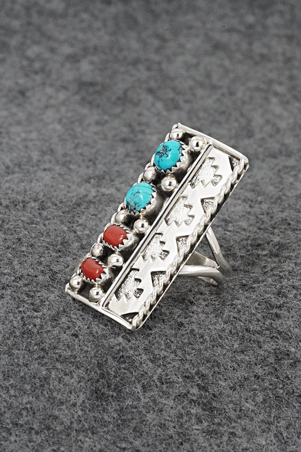 Turquoise, Coral & Sterling Silver Ring - Ronnie Spencer - Size 7.5