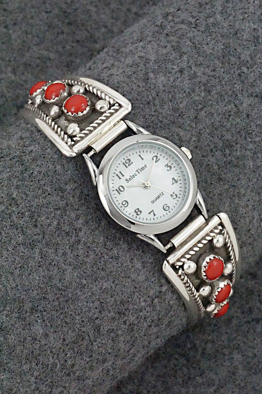 Coral & Sterling Silver Watch Bracelet - Paul Largo