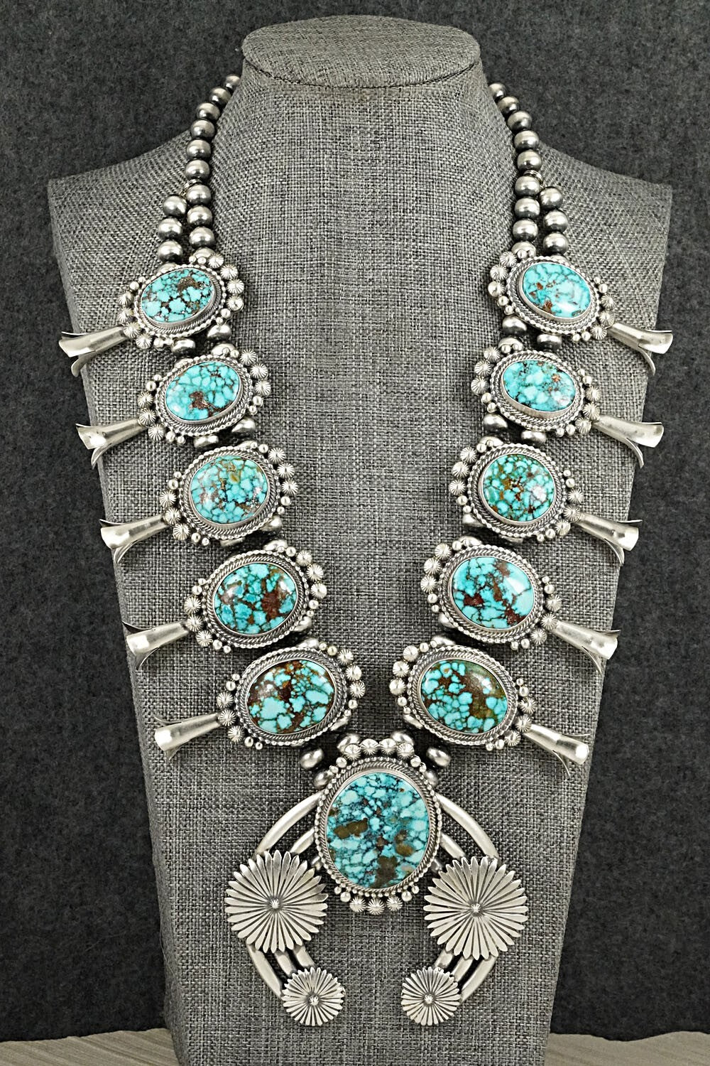Turquoise & Sterling Silver Squash Blossom Necklace - Tom Lewis