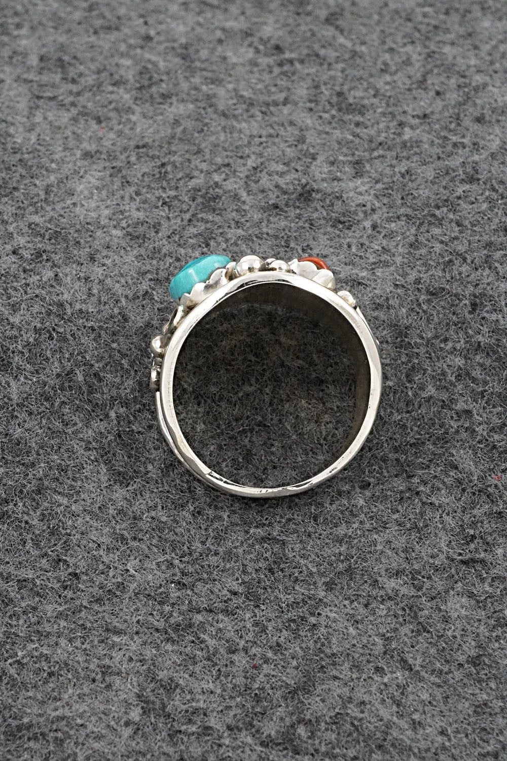 Turquoise, Coral & Sterling Silver Ring - Darrell Morgan - Size 12