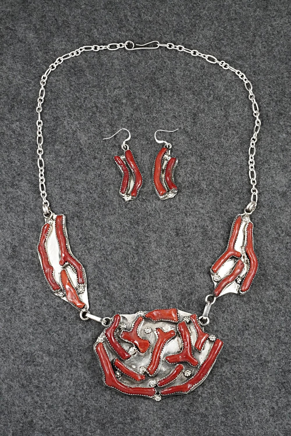 Coral & Sterling Silver Necklace and Earrings Set - Tsabetsaye