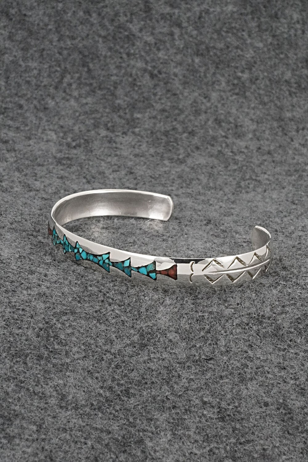 Turquoise, Coral Chip Inlay & Sterling Silver Bracelet - Joleen Yazzie