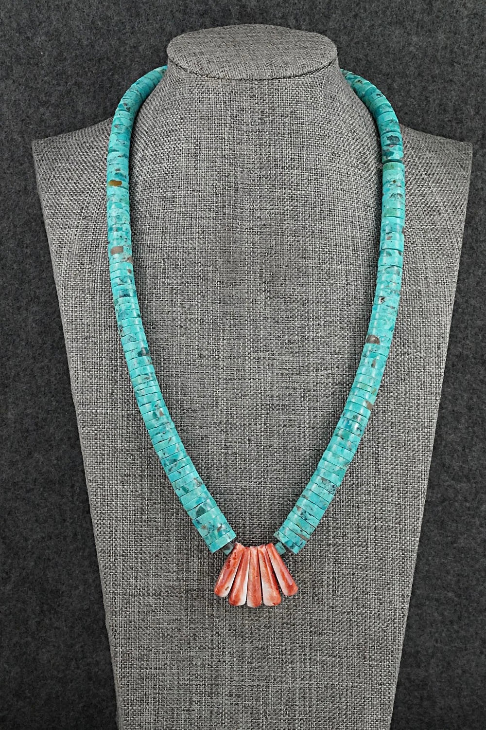 Turquoise, Spiny Oyster & Sterling Silver Necklace 20" - Lupe Lovato