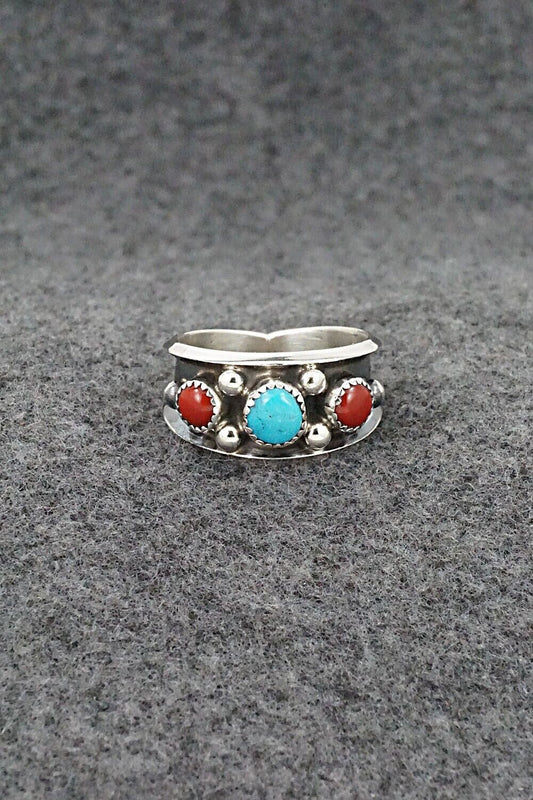 Turquoise, Coral & Sterling Silver Ring - Paul Largo - Size 9.5
