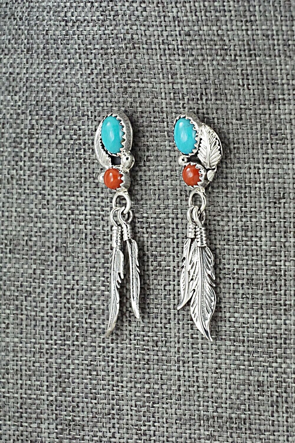 Turquoise, Coral & Sterling Silver Earrings - Annie Spencer