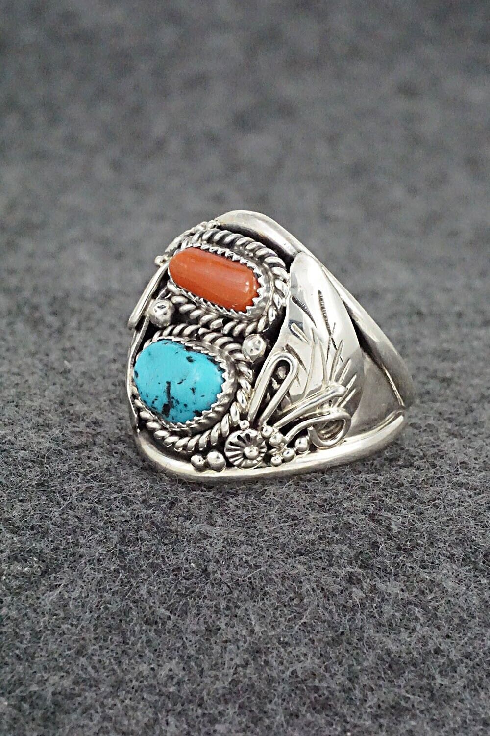 Turquoise, Coral & Sterling Silver Ring - Leonard Spencer - Size 11.5