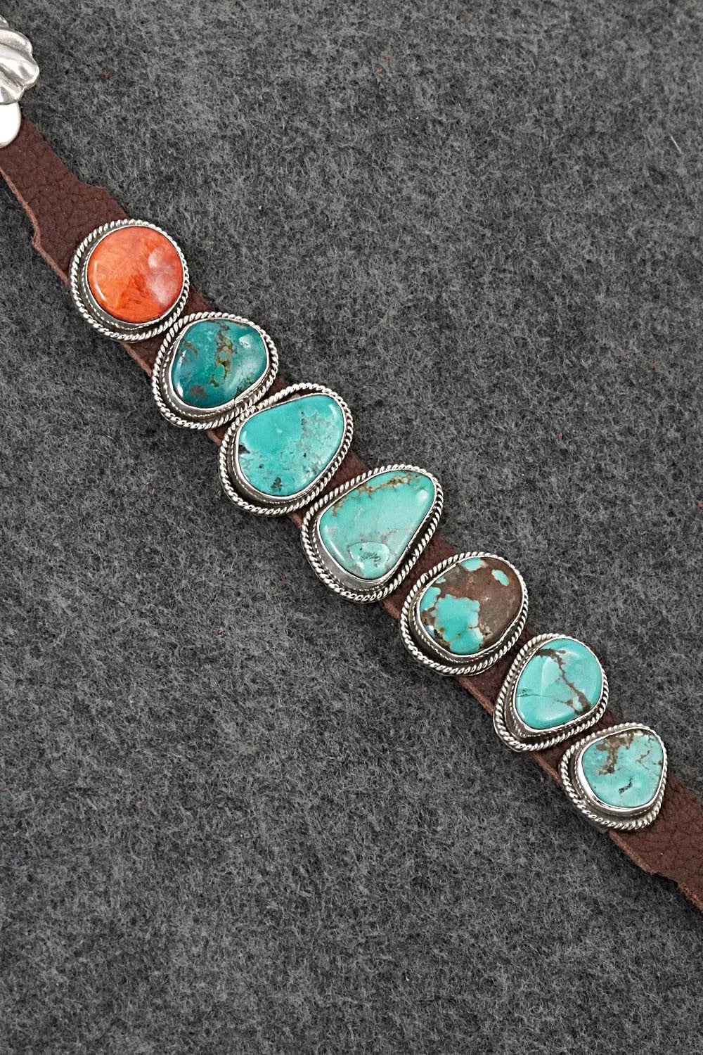 Turquoise, Spiny Oyster, Sterling Silver & Leather Bracelet - Marlene Ramone