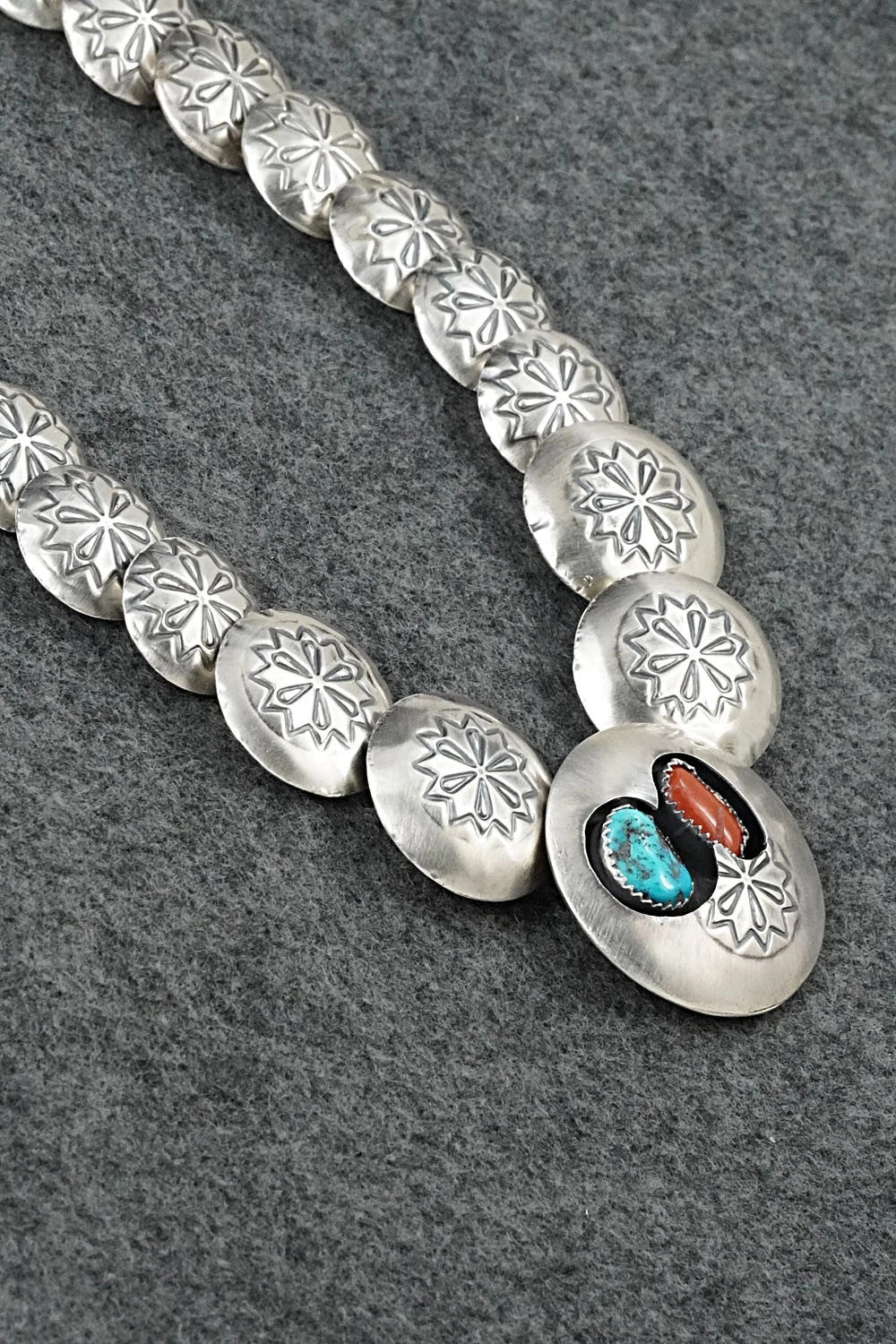 Turquoise, Coral & Sterling Silver Necklace and Earrings Set - Tim Thompson