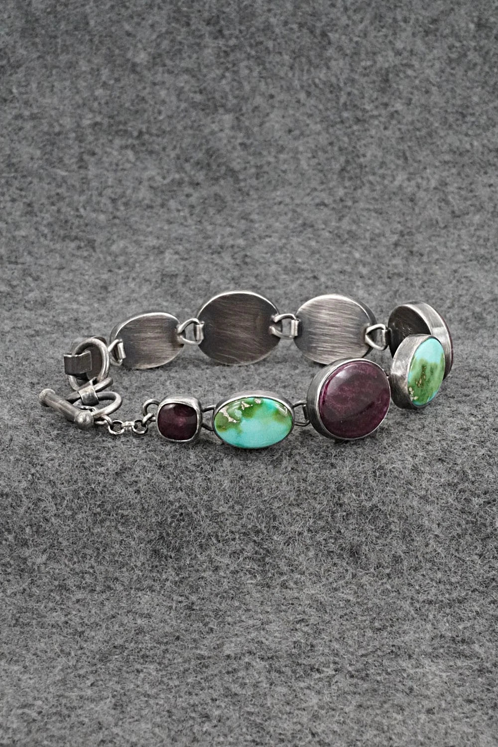Turquoise, Spiny Oyster & Sterling Silver Link Bracelet - Diane Wylie