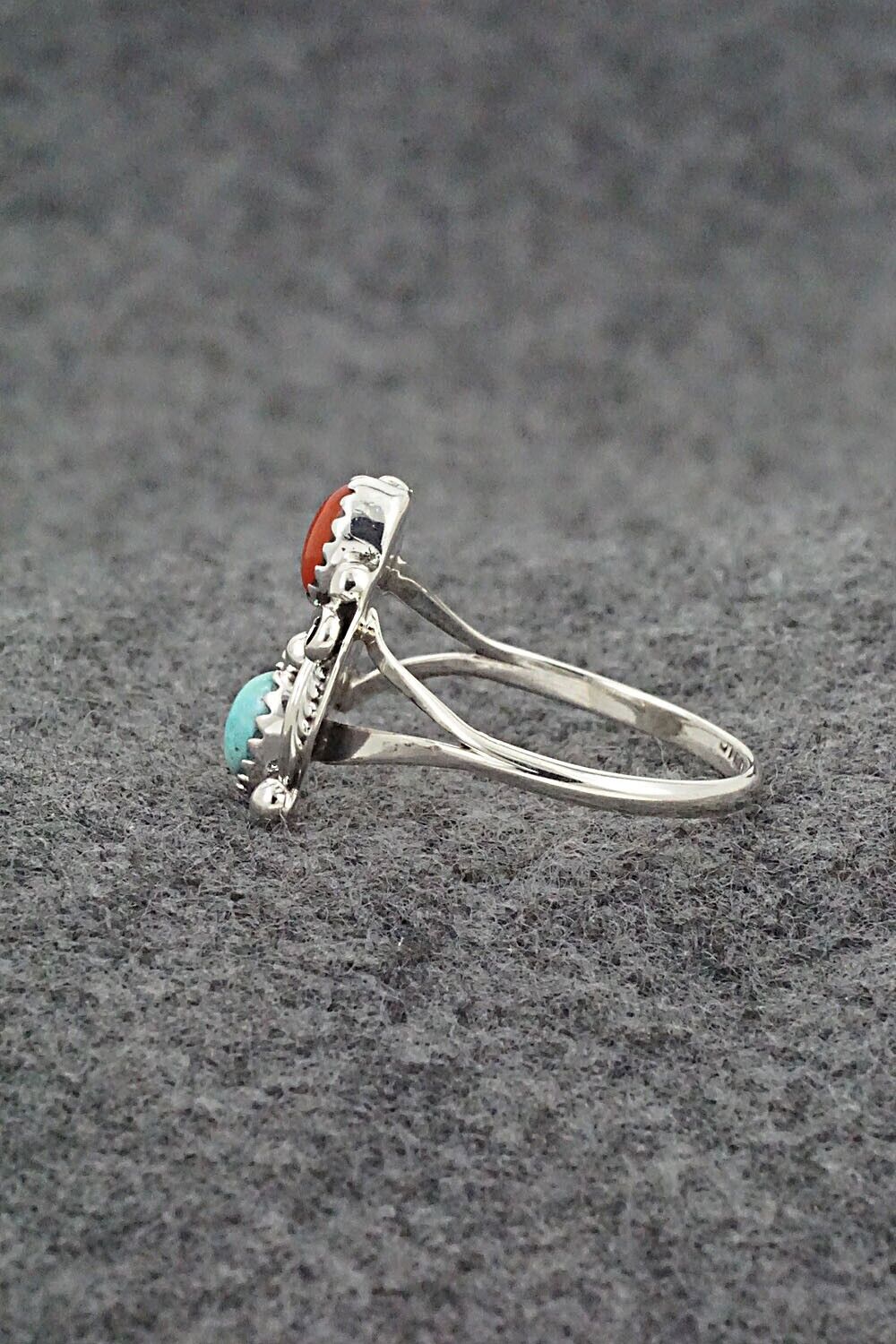 Turquoise, Coral & Sterling Silver Ring - Harris Largo - Size 9