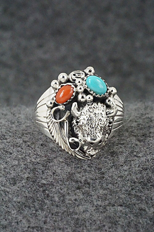 Turquoise, Coral & Sterling Silver Ring - Jeannette Saunders - Size 12.5