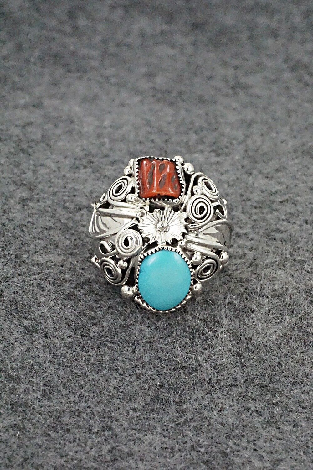 Turquoise, Coral & Sterling Silver Ring - Sarah Yazzie - Size 9.5