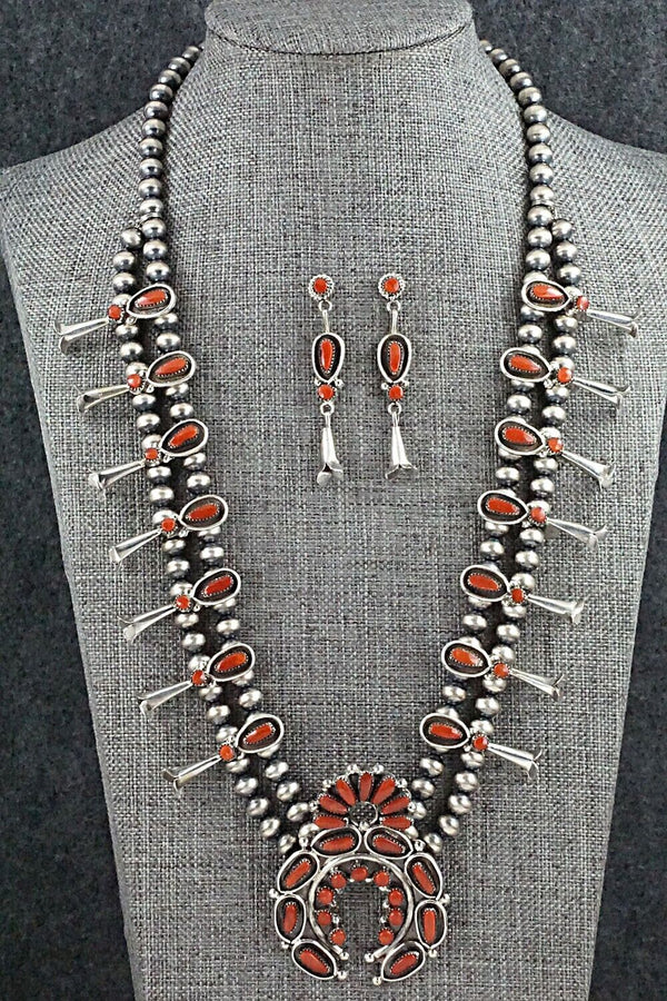 Coral & Sterling Silver Squash Blossom and Earrings Set - Vie Bobelu
