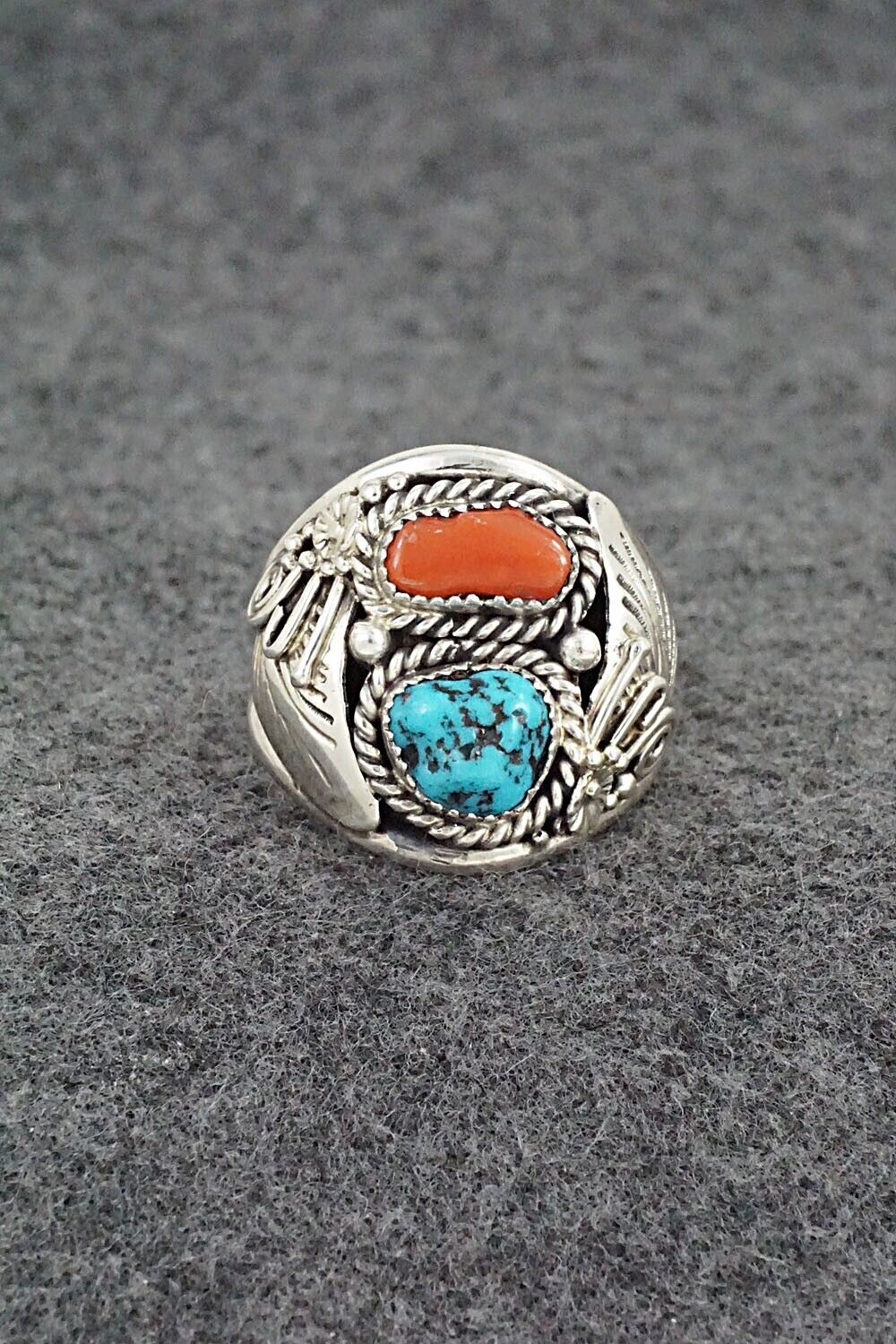 Turquoise, Coral & Sterling Silver Ring - Leonard Spencer - Size 12