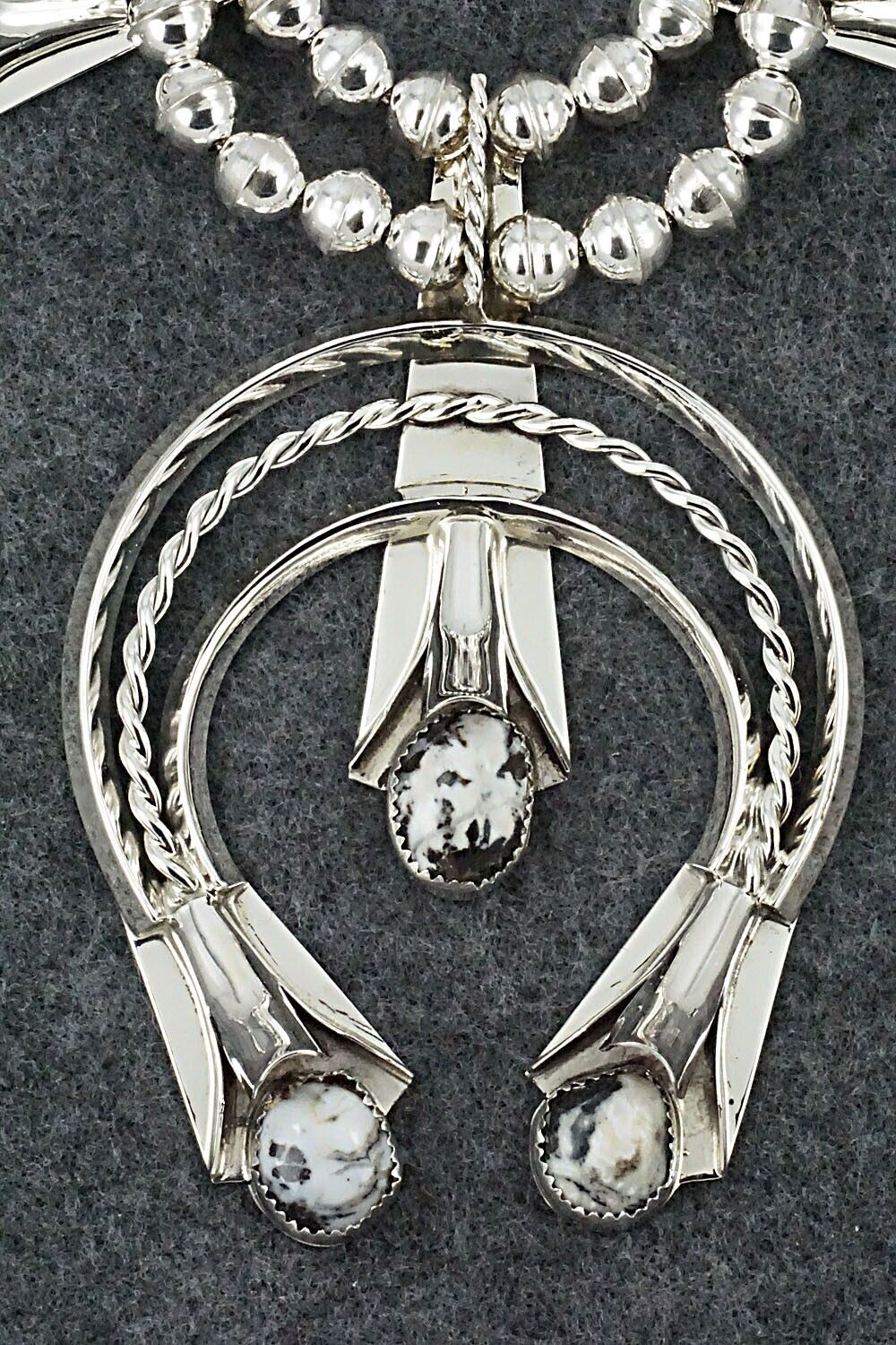 White Buffalo & Sterling Silver Squash Blossom Set - Louise Yazzie