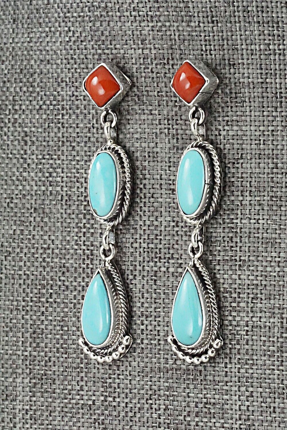 Turquoise, Coral & Sterling Silver Earrings - Verley Betone