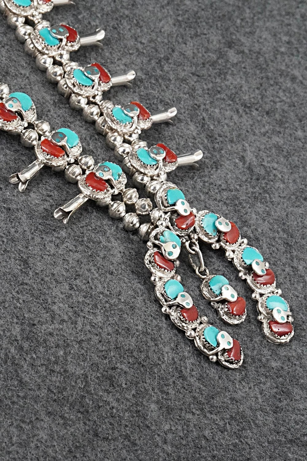 Turquoise, Coral & Sterling Silver Squash Blossom Set - Gayle Calavaza