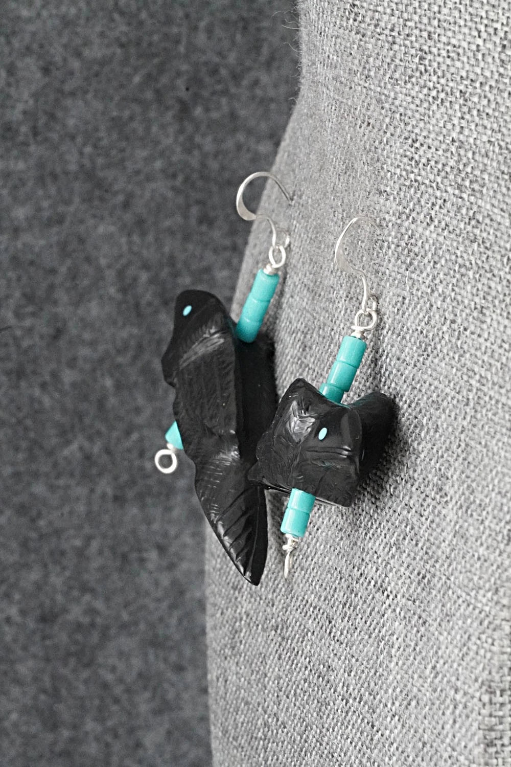 Turquoise, Jet Zuni Fetish & Sterling Silver Earrings - Herbert Halate