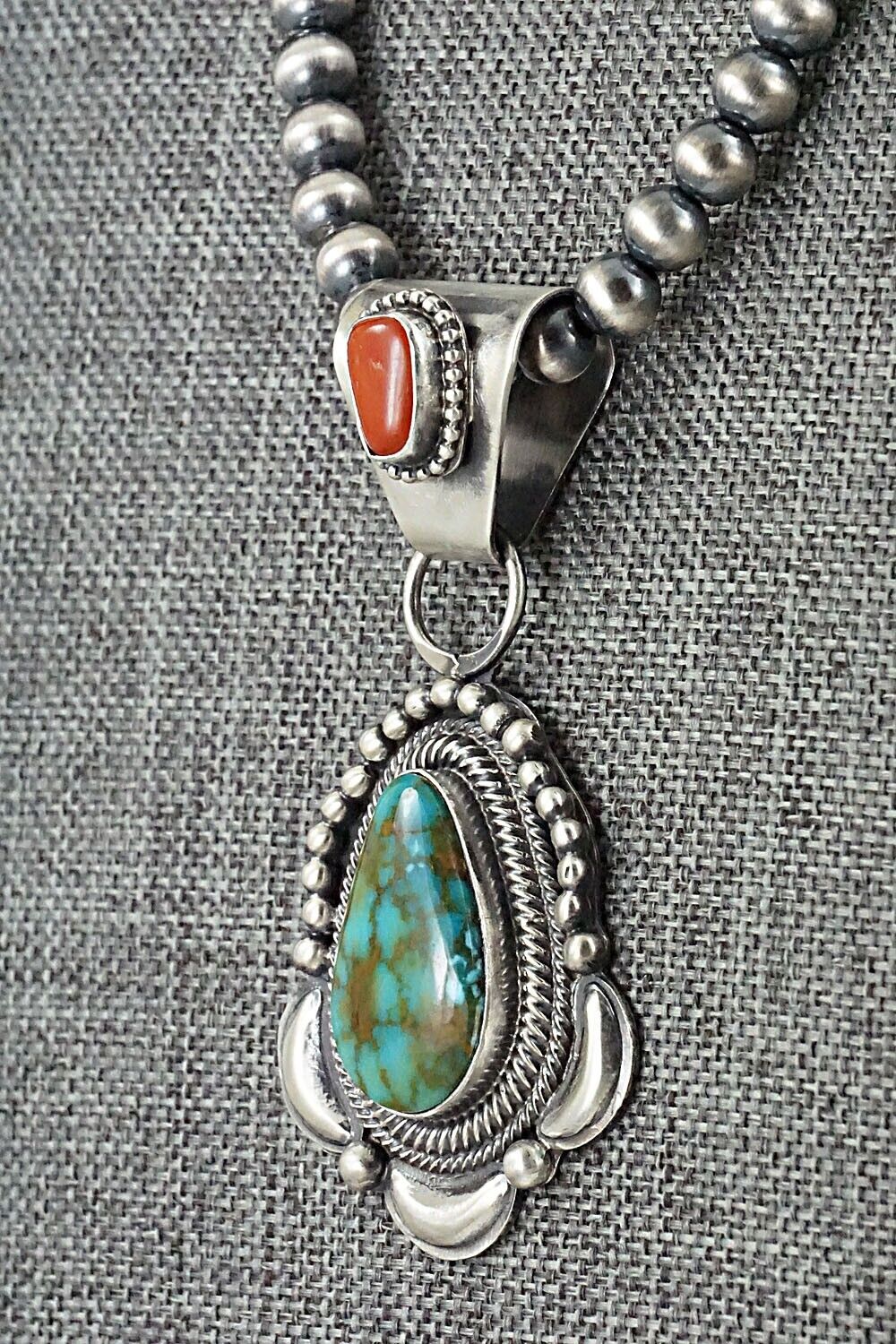 Turquoise, Coral & Sterling Silver Necklace - Tom Lewis
