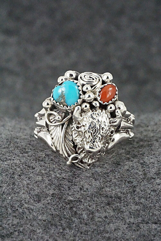 Turquoise, Coral & Sterling Silver Ring - Jeannette Saunders - Size 10.5