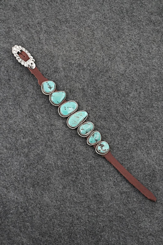 Turquoise, Sterling Silver & Leather Bracelet - Marlene Ramone