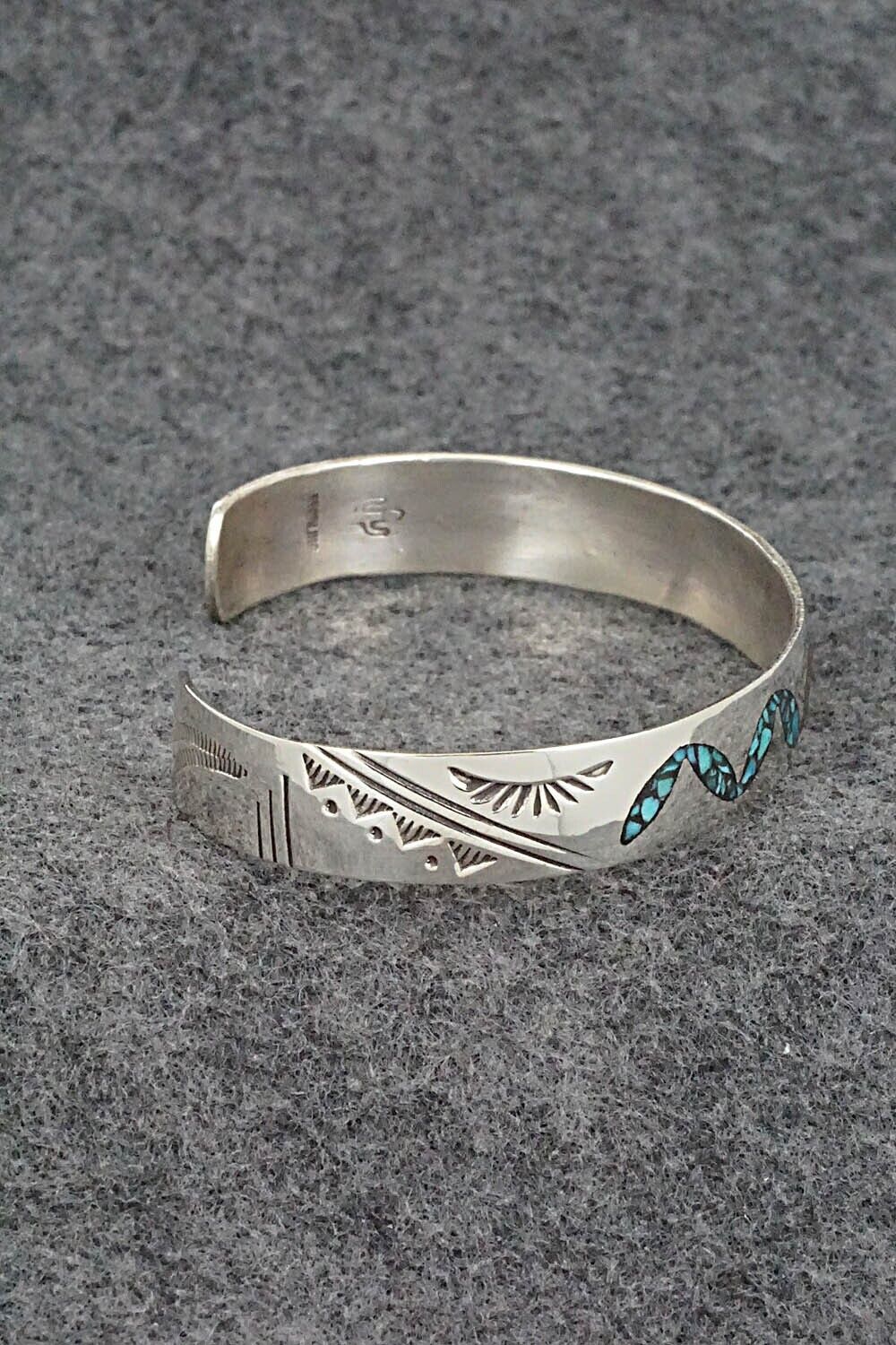 Turquoise, Coral Chip Inlay & Sterling Silver Bracelet - Joleen Yazzie