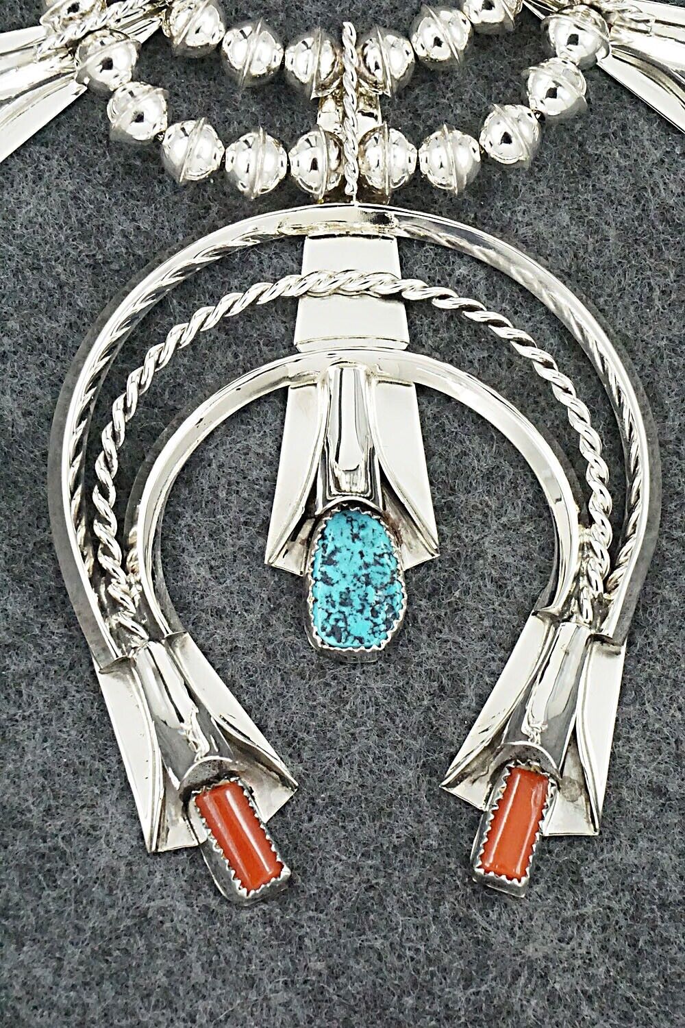 Turquoise, Coral & Sterling Silver Squash Blossom Set - Louise Yazzie