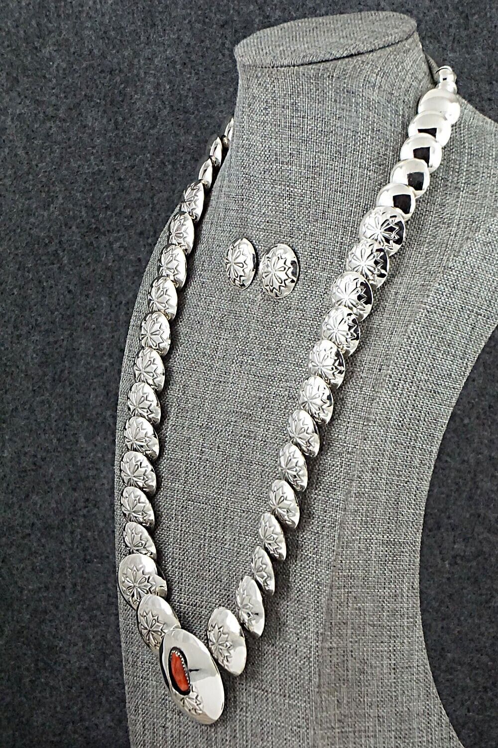 Coral & Sterling Silver Necklace and Earrings Set - Tim Thompson