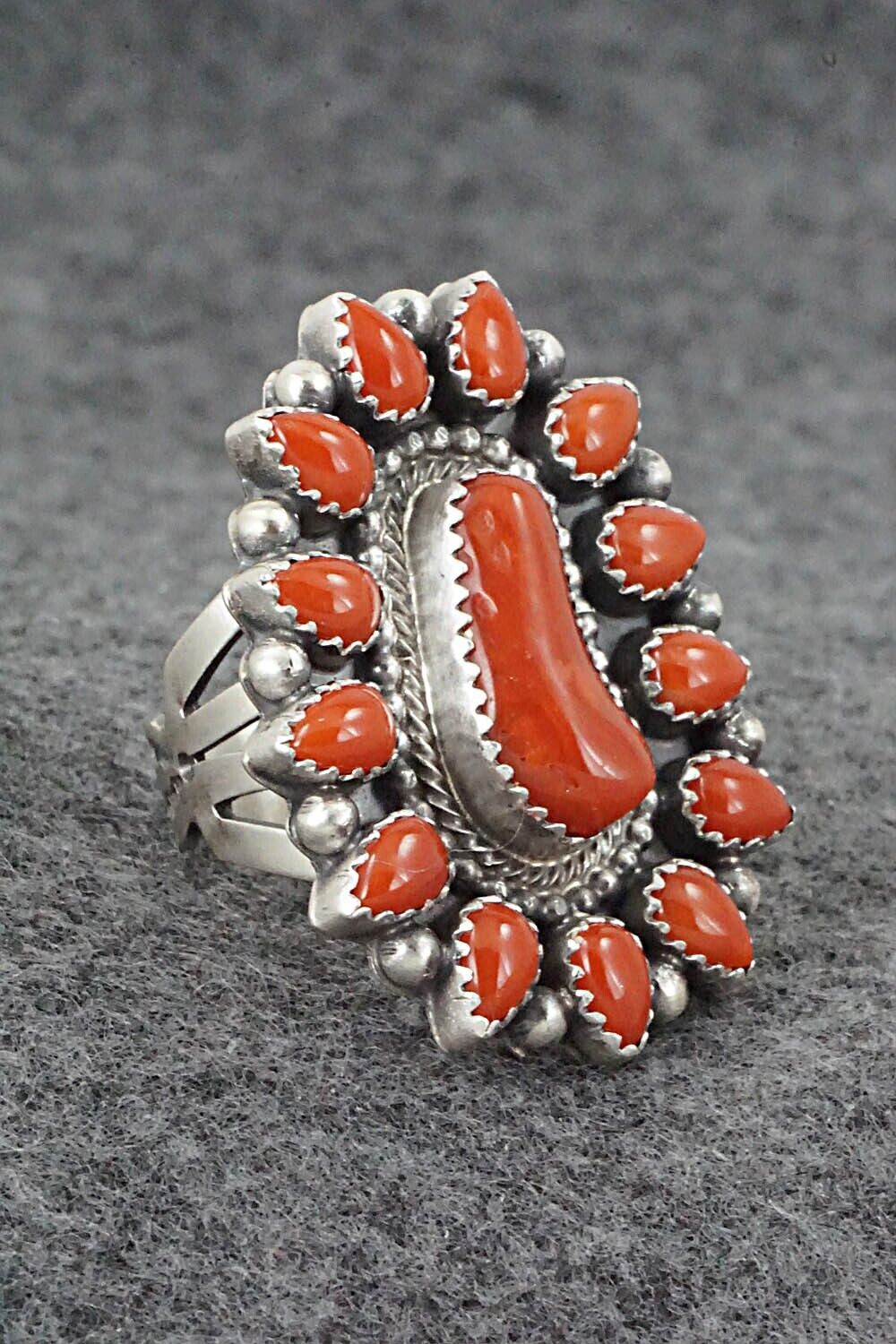 Coral & Sterling Silver Ring - Tom Lewis - Size 8