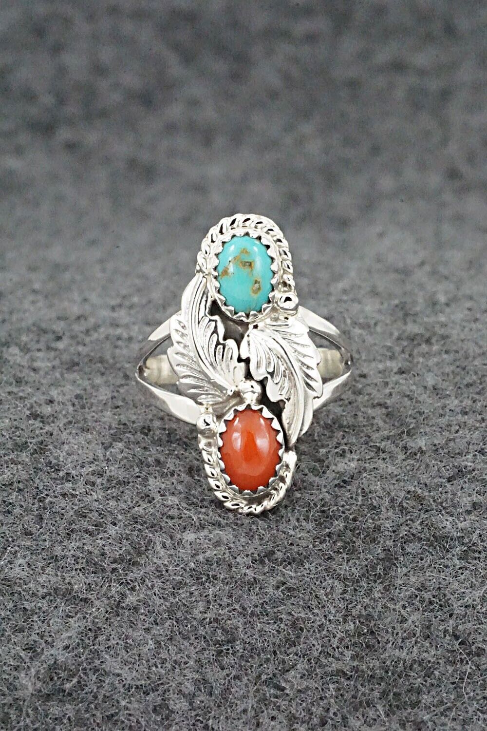 Turquoise, Coral & Sterling Silver Ring - Robert Martinez - Size 5.75