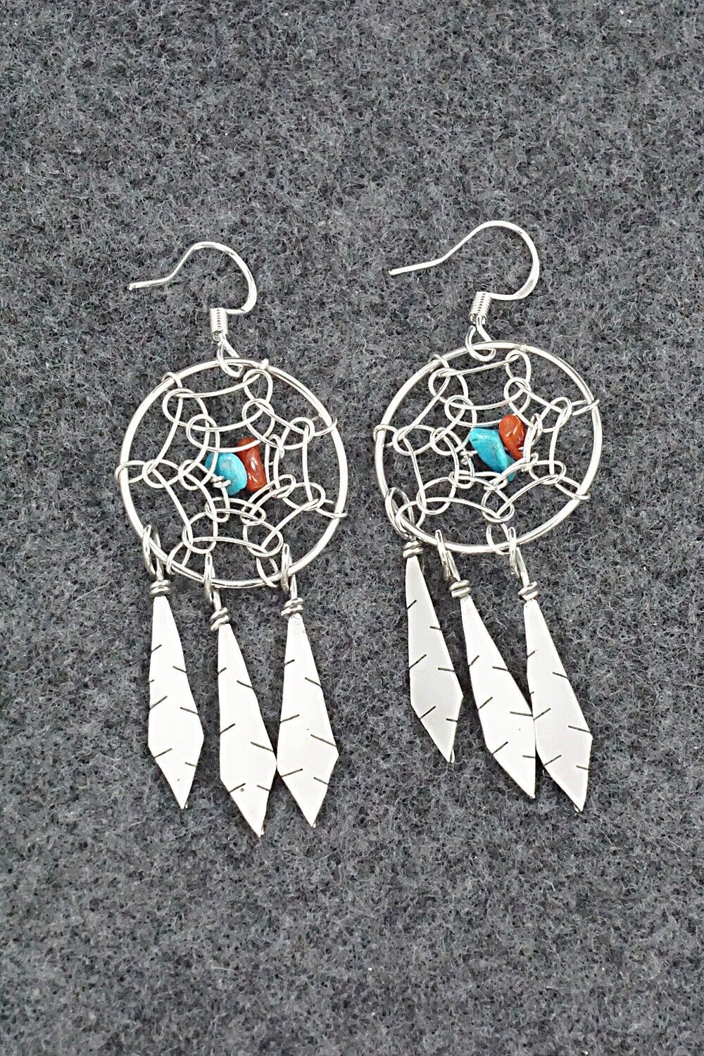 Turquoise, Coral & Sterling Silver Earrings - Lorenzo Arviso Jr.