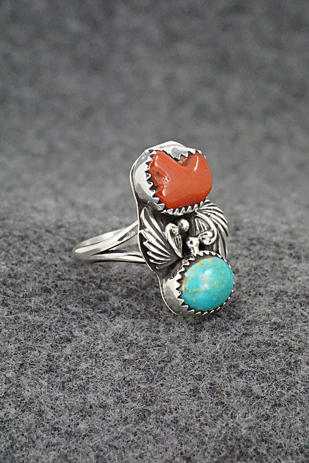 Coral, Turquoise & Sterling Silver Ring - Alice Rose Saunders - Size 7