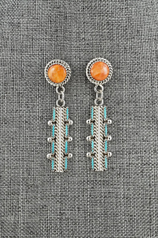 Turquoise, Spiny Oyster & Sterling Silver Earrings - Roland Francisco